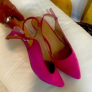 Pink, suede, feel low heel backstrap shoes.